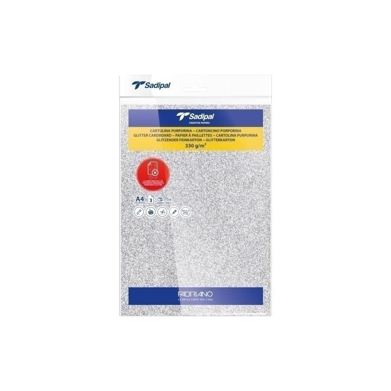 CARTULINA PURPURINA DINA4 SADIPAL 330GR PLATA PAQUETE DE 3