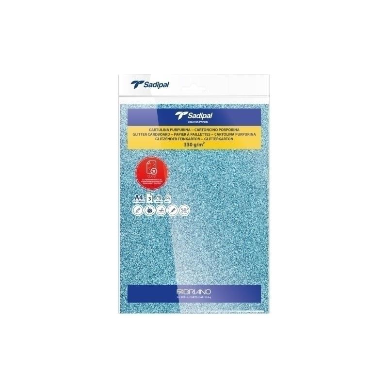 CARTULINA PURPURINA DINA4 SADIPAL 330GR AZUL CLARO PAQUETE DE 3