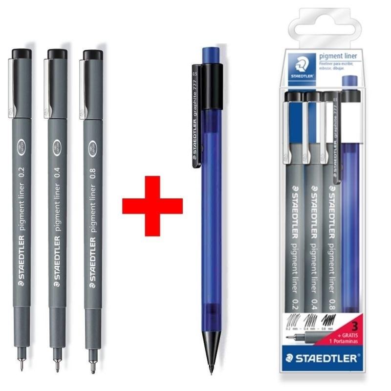 ROTULADORES CALIBRADOS 0,2MM 0,4MM 0,8MM STAEDTLER PIGMENT LINER SET 3UDS  CON PORTAMINAS 308 WP3 SP