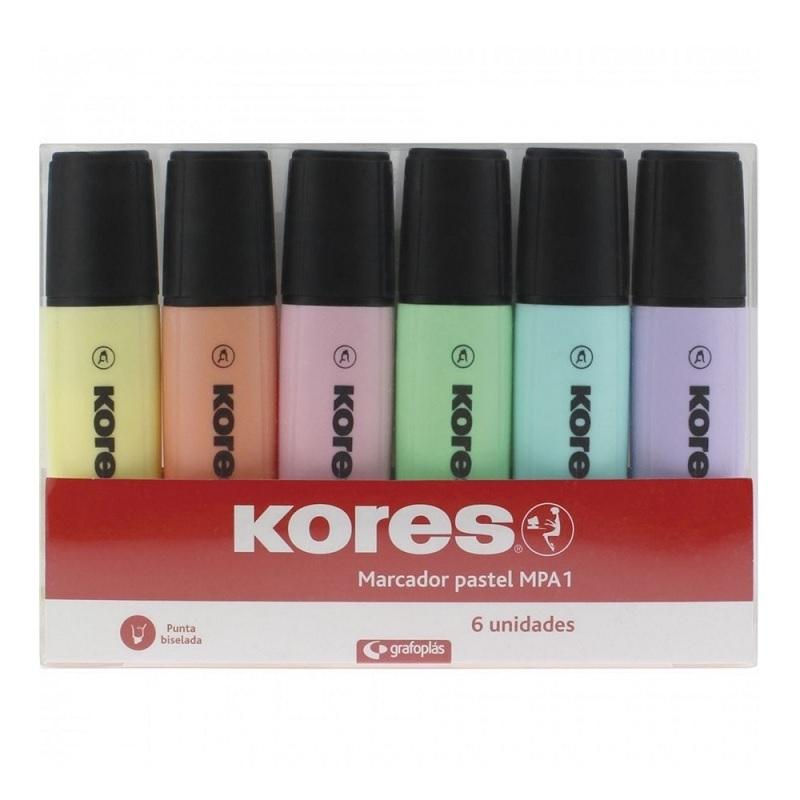 MARCADOR FLUORESCENTE KORES MPA1 PUNTA BISELADA  PASTEL PAQUETE DE 6 UDS