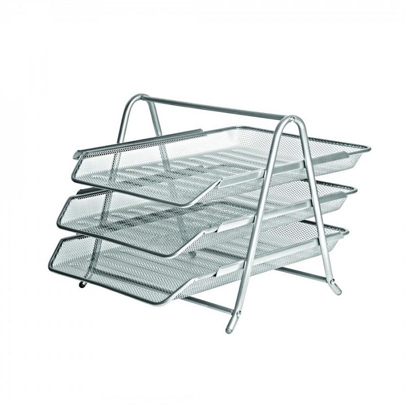 BANDEJA PORTADOCUMENTOS DE SOBREMESA APILABLE METALICA FOROFIS MALLA PLATA SET DE 3