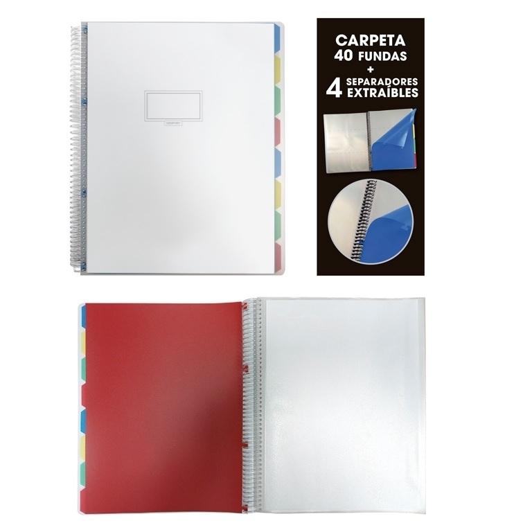 CARPETA DE 40 FUNDAS CON 4 SEPARADORES EXTRAIBLES TAPA PPP TRANSPARENTE
