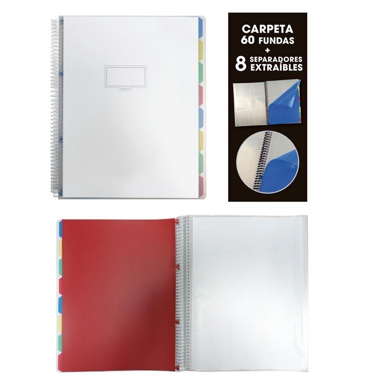 CARPETA DE 60 FUNDAS CON 8 SEPARADORES EXTRAIBLES TAPA PPP TRANSPARENTE