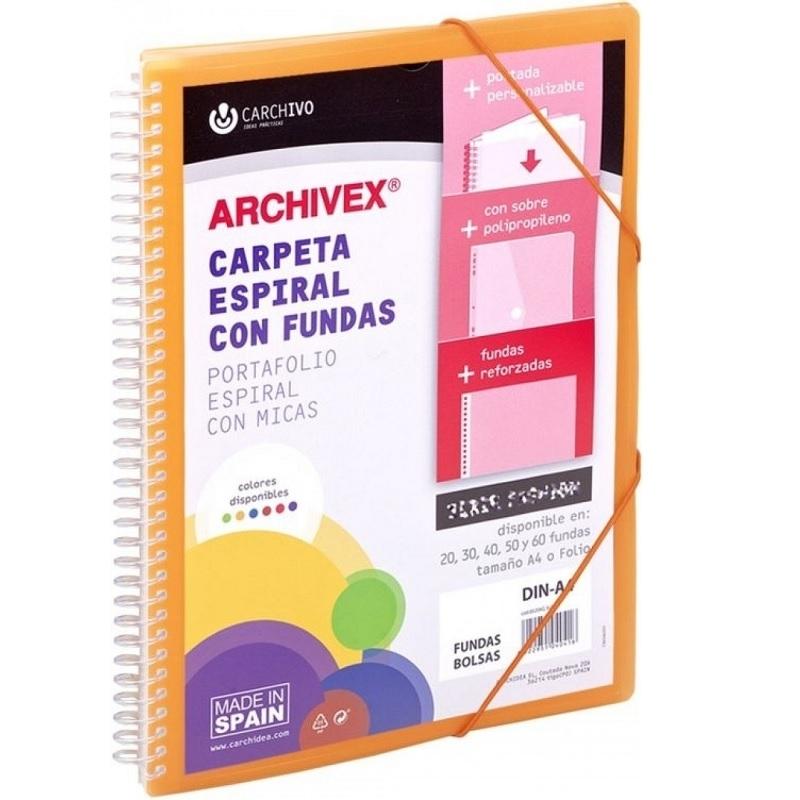 CARPETA DE 20FUNDAS DINA4 ESPIRAL GOMAS Y SOBRE ARCHIVEX-STAR PERSONALIZABLE PPP NARANJA