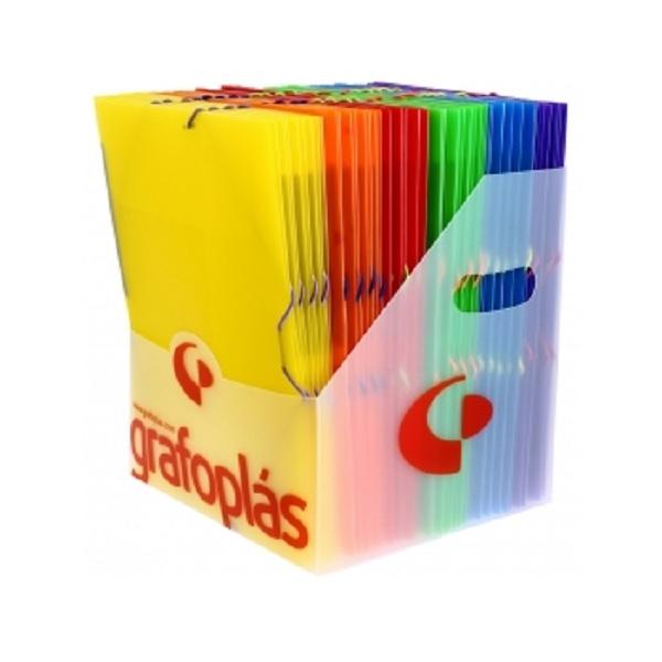 EXPOSITOR CARPETAS GOMAS GRAFOPLAS 3 SOLAPAS FOLIO PPP COLORGRAF SURTIDOS (50)