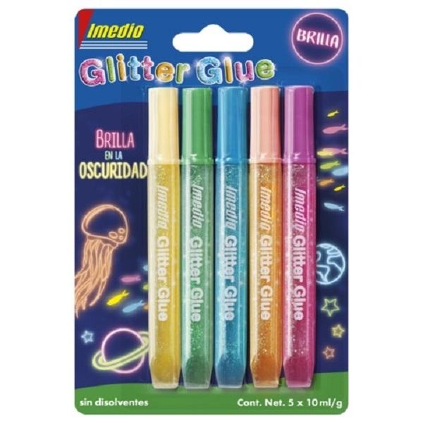 PEGAMENTO GLITTER PURPURINA IMEDIO BRILLA EN LA OSCURIDAD BLISTER 6 TUBOS 10ML.