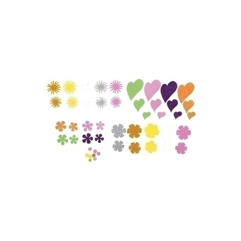 GOMA EVA FORMAS ADHESIVAS CON PURPURINA FLORES Y CORAZONES FIXO KIDS PACK 64 FIGURAS