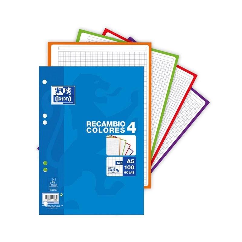 RECAMBIO DINA5 5X5 4 BANDAS 100H 90GR 6 TALADROS OXFORD SCHOOL AZUL