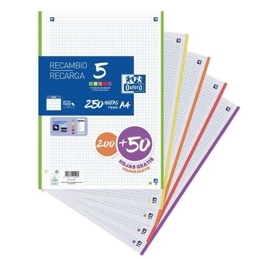 RECAMBIO DINA4 5X5 5 BANDAS 200H+20H 90GR 4 TALADROS OXFORD COLORES VIVOS - PROMO
