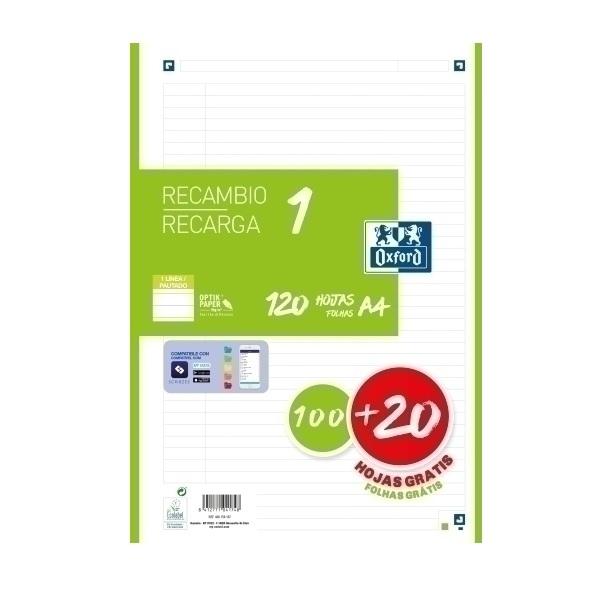 RECAMBIO DINA4 LINEAS 1 BANDA 100H+20H 90GR 4 TALADROS OXOIRD VERDE