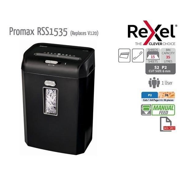 DESTRUCTORA REXEL PROMAX RSS1535 PARA 15 HOJAS CORTE EN TIRAS 6 MM 35 LITROS