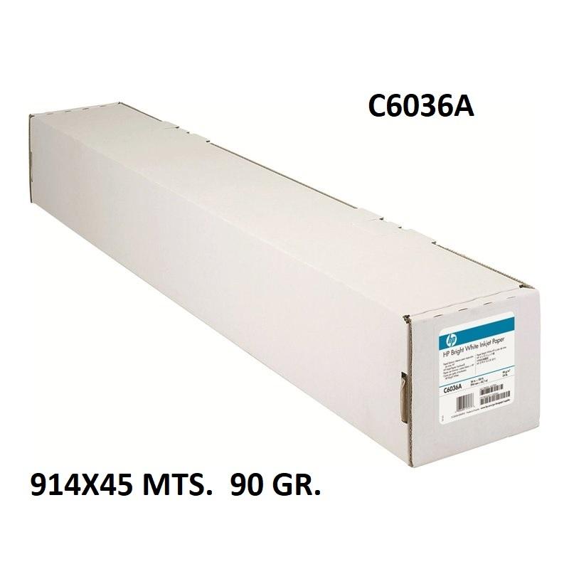 ROLLO DE PAPEL PLOTTER HP PAPEL BLANCO BRILLANTE ROLLO 914X45MTS 90GR DINA0 C6036A