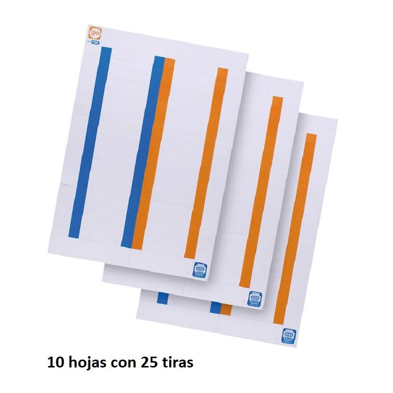 PAQ 10 HOJAS X 38 ETIQUETAS CRISTAL/KIO 8,2x1,3 BLANCAS BORDE COLOR