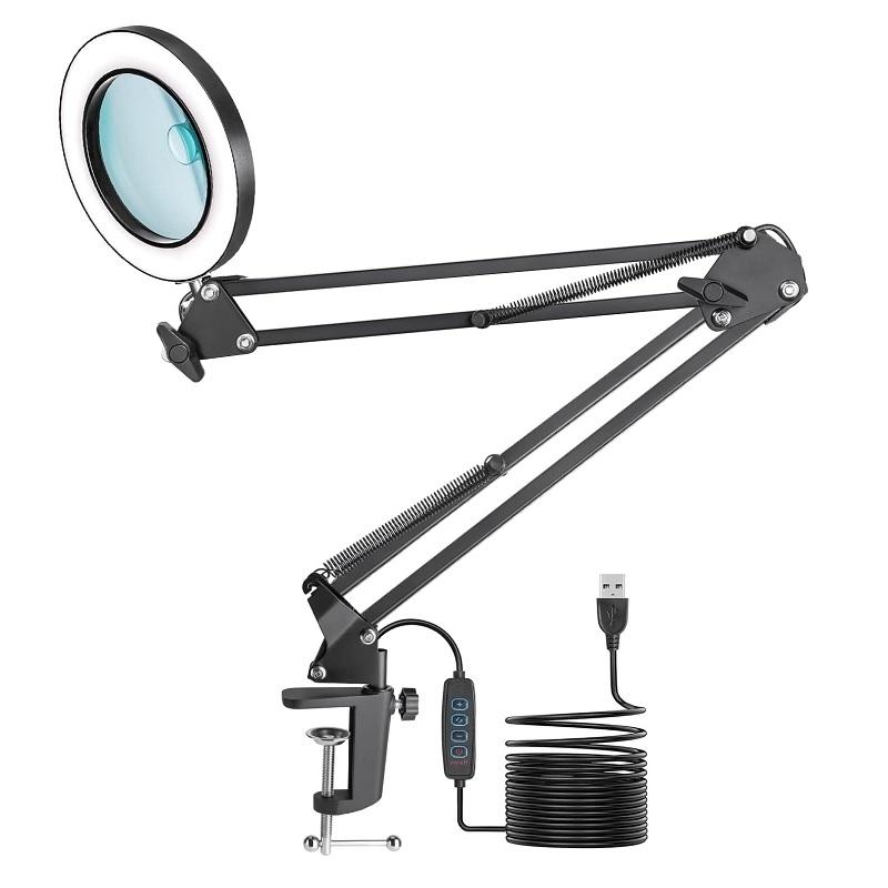 LAMPARA LUPA 10X-8X PINZA LUZ LED BRAZO 70CM DIAMETRO LUPA 110MM BLANCA