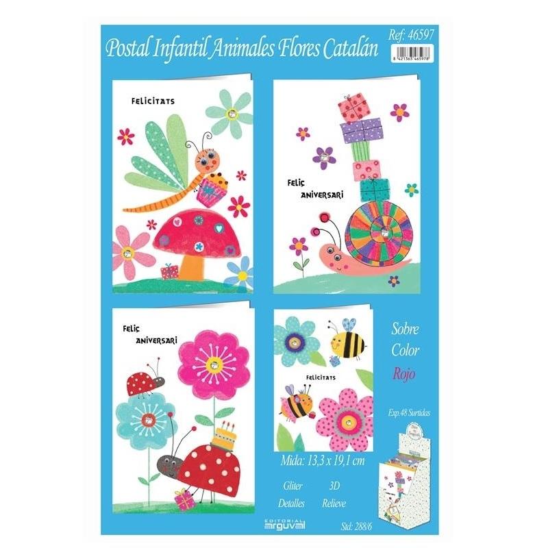 POSTAL INFANTIL ANIMALES FLORES  CATALAN (Exp.48)