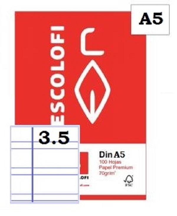 RECAMBIO DINA5 PAUTA 3,5MM 100H 70GR 2 TALADROS CON MARGEN ESCOLOFI