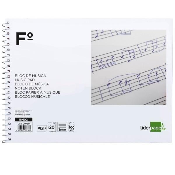 CUADERNO DE MUSICA FOLIO 8 PENTAGRAMAS ESPIRAL LIDERPAPEL 3MM APAISADO 20 HOJAS 100GR