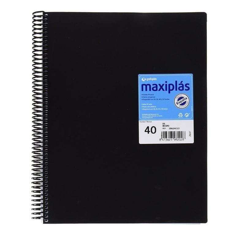 CARPETA DE 40 FUNDAS DINA4 ESPIRAL MAXIPLAS PPP RIGIDO NEGRO GRAFOPLAS
