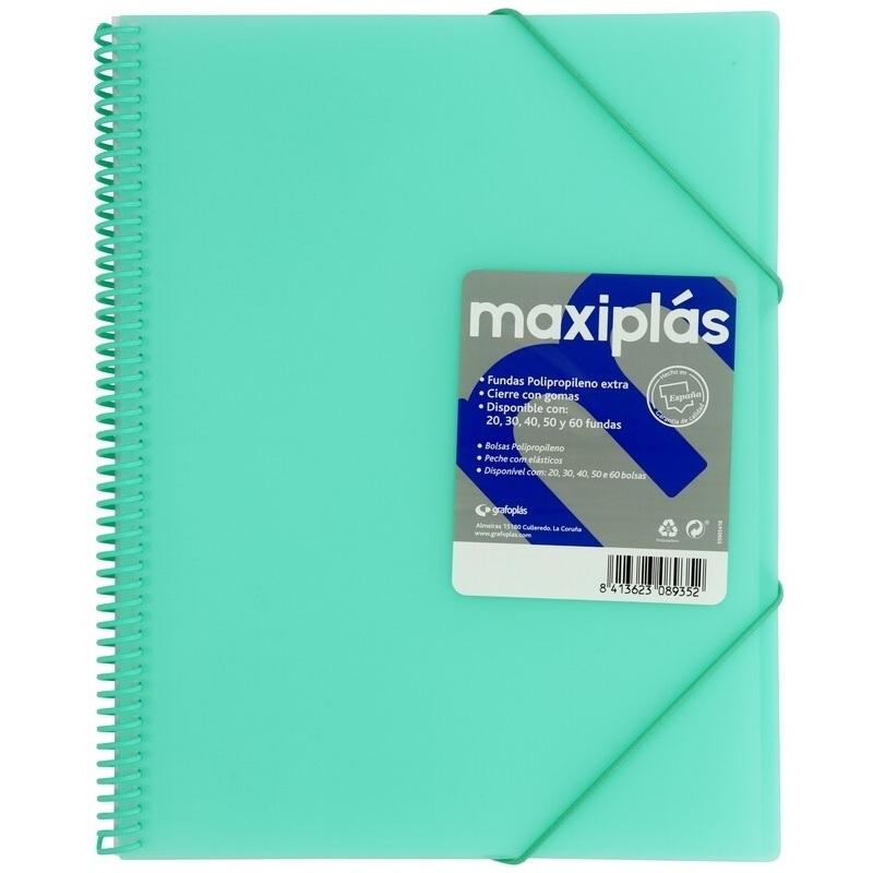 CARPETA DE 40 FUNDAS DINA4 ESPIRAL GOMAS Y SOBRE MAXIPLAS PPP TRANSLUCIDA MINT