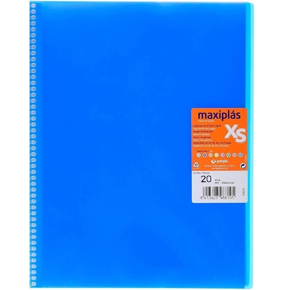 CARPETA DE 20FUNDAS DINA4 ESPIRAL GOMAS MAXIPLAS XS TRANSPARENTE AZUL