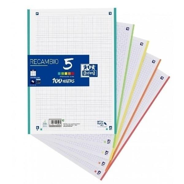 RECAMBIO DINA4 5X5 5 BANDAS 100H+20H 90GR 4 TALADROS OXFORD COLORES PASTEL - PROMO