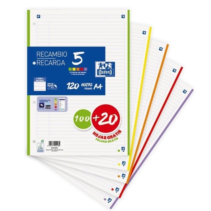 RECAMBIO DINA4 LINEAS 5 BANDAS 100H+20H 90GR OXFORD COLORES VIVOS