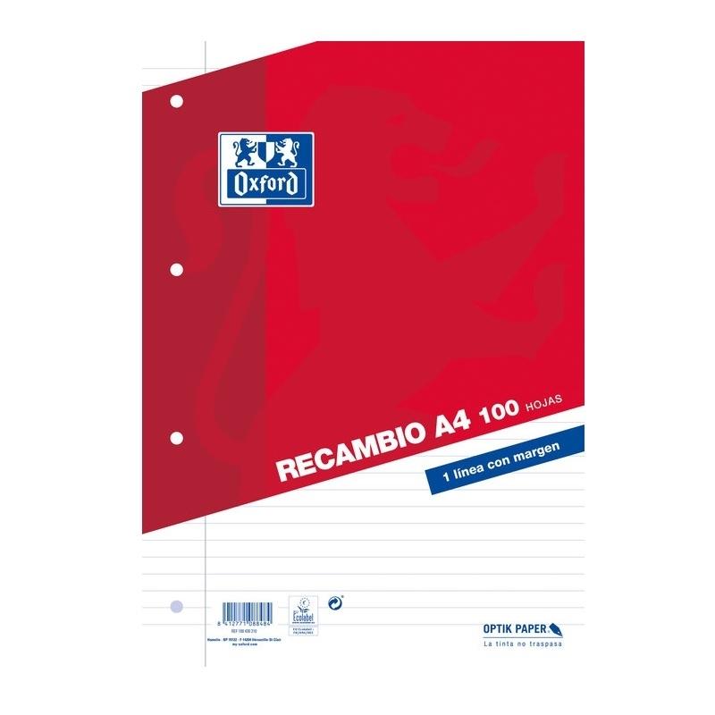 RECAMBIO DINA4 LINEAS 100H 90GR 4 TALADROS CON MARGEN OXFORD