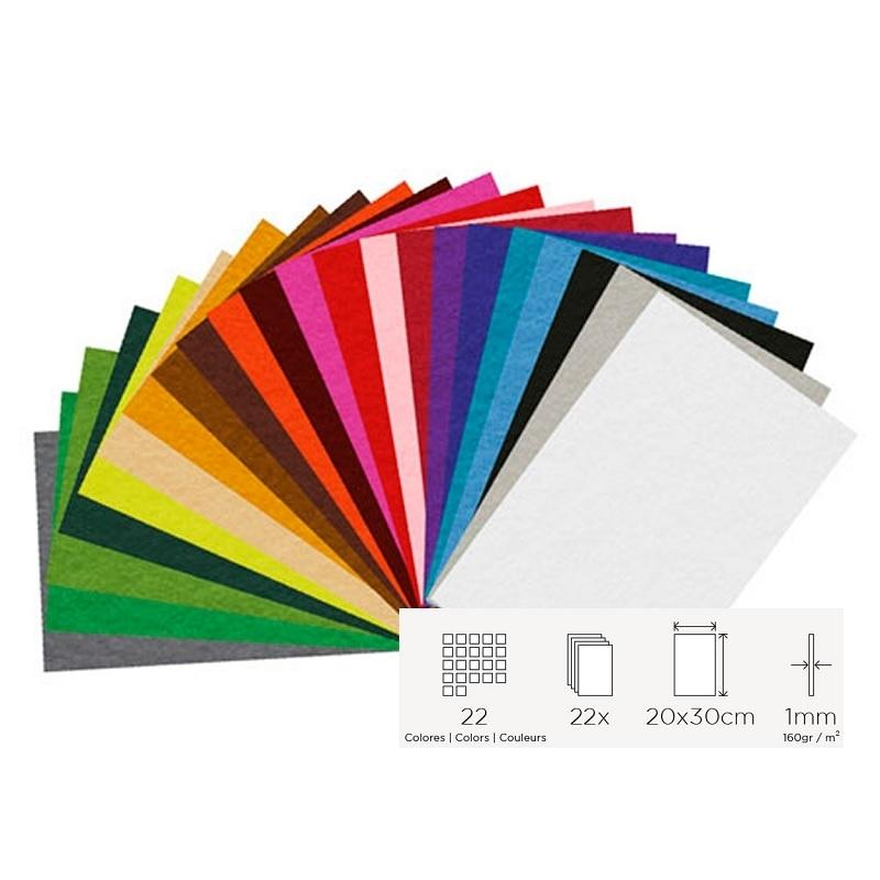 FIELTRO PLANO 20X30CM SET 22 LAMINAS FIELTRO SURTIDO 1MM 160GR INNSPIRO 55199