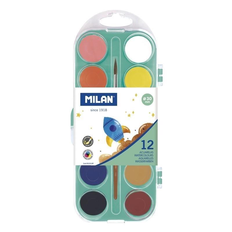 ACUARELAS ESTUCHE 12 COLORES 30MM CON PINCEL MILAN