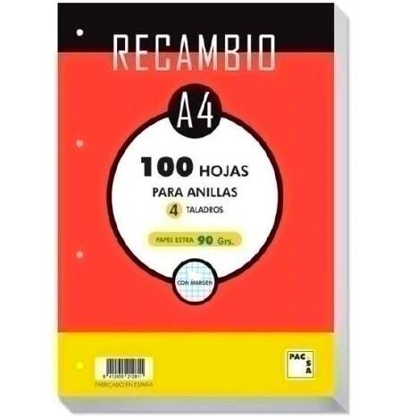 RECAMBIO DINA4 5X5 100H 90GR 4 TALADROS CON MARGEN PACSA 21288