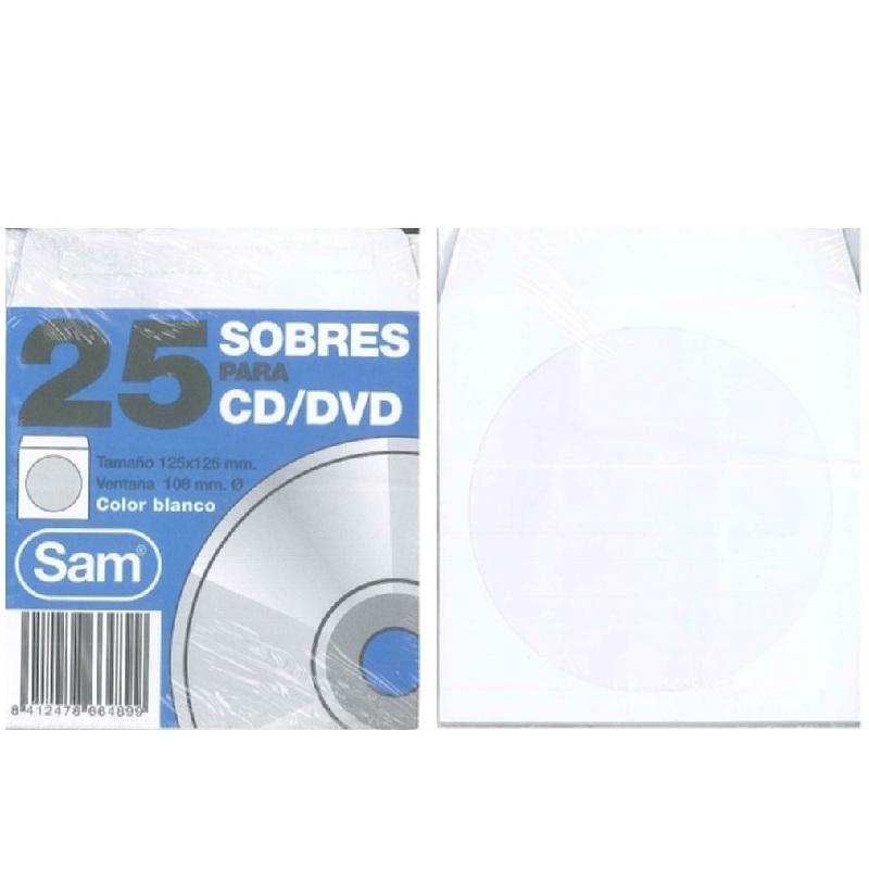 SOBRE BOLSA DE PAPEL 125X125 CD DVD VENTANA SAM PACK 25 UNIDADES