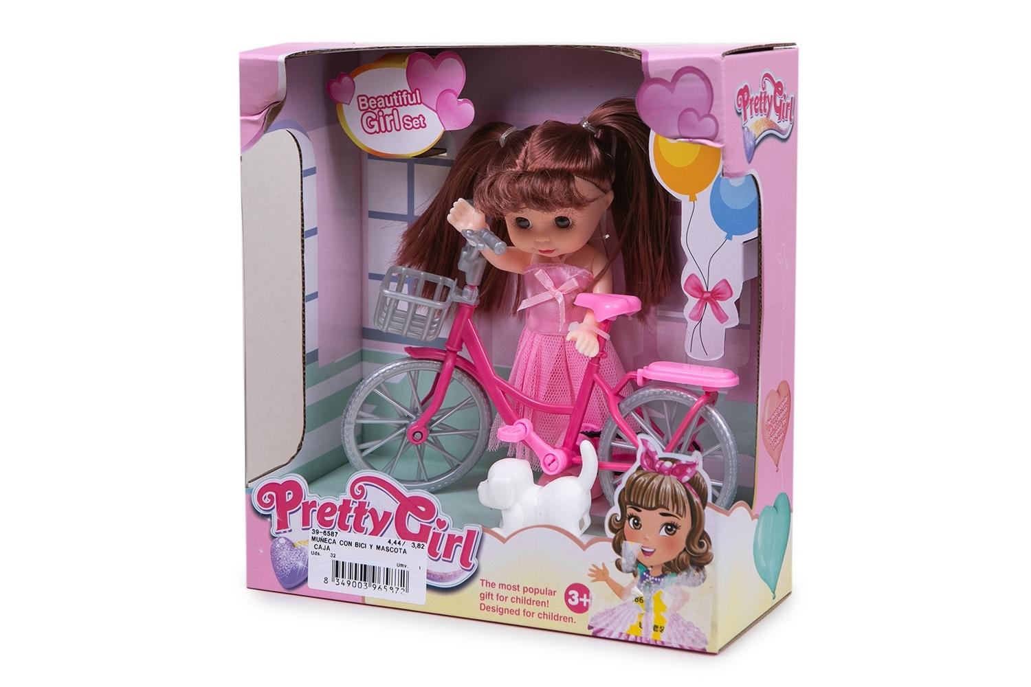 MUÑECA CON BICI Y MASCOTA CAJA